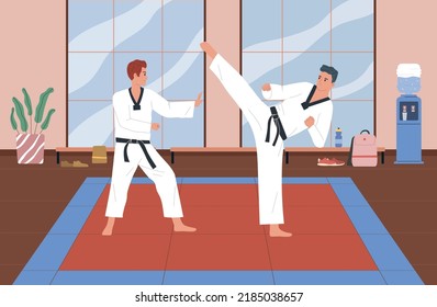 Fighters flat icon set two athletes in white coats with black belts fight vector illustration