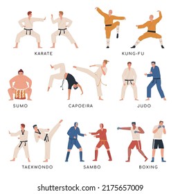 Fighters flat icons set with karate taekwondo and other martial arts sportsmen isolated vector illustration