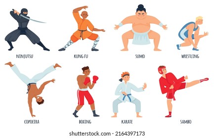 Fighters flat set with isolated doodle style characters of martial arts athletes with editable text captions vector illustration