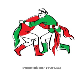 The fighters man, the Tatar national struggle. Sabantuy holiday. Vector drawing on white background.