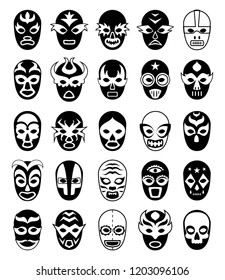 Fighters masks. Mexican lucha libre silhouettes of vector masked luchador isolated. Collection of mask wrestling mexican, wrestler luchador fighter illustration