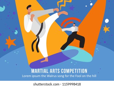 Fighters in rays of spot light during competition in martial arts on blue background flat vector illustration