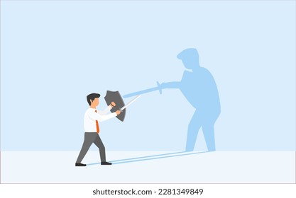 FIGHTING AGAINST YOURSELF, YOU VS YOU, SELF INNER BATTLE. BATTLE WITH MYSELF. THE FIGHT AGAINST SELF'S FEAR AND DOUBT. A BUSINESSMAN FIGHT WITH HIS SHADOW AS SYMBOL OF HIS INCONFIDENCE