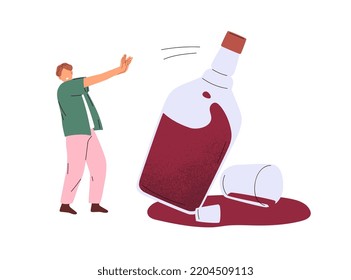 Fighting with alcoholism concept. Addicted person struggling with alcohol addiction, abuse. Drinker, drunkard refusing from alcoholic drink. Flat vector illustration isolated on white background