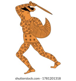 Fighting ancient Greek amazon woman with shield and sword. Vase painting style.