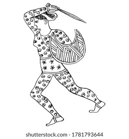 Fighting ancient Greek amazon woman with shield and sword. Hand drawn linear rough sketch. Black silhouette on white background.