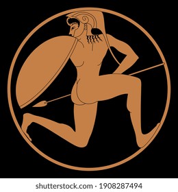 Fighting Ancient Greek Warrior Or Soldier With Shield And Spear In A Circle. Vase Painting Style.