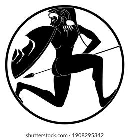 Fighting ancient Greek warrior or soldier with shield and spear in a circle. Vase painting style. Black and white silhouette.