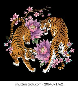 Fighting Asian Tattoo Tigers with floral elements.