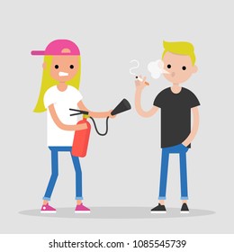 Fighting bad habits. One character extinguishing another's cigarette. Health care. Millennial lifestyle. Flat editable vector illustration, clip art