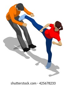 Fighting between man and woman. Young athletic woman defending herself. 3d flat isometric.