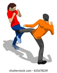 Fighting between man and woman. Young athletic woman defending herself. 3d flat isometric.