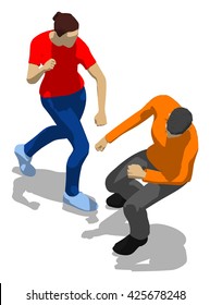 Fighting between man and woman. Young athletic woman defending herself. 3d flat isometric.