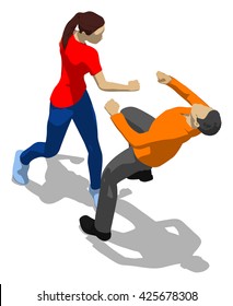 Fighting between man and woman. Young athletic woman defending herself. 3d flat isometric.