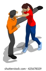 Fighting between man and woman. Young athletic woman defending herself. 3d flat isometric.