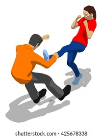 Fighting between man and woman. Young athletic woman defending herself. 3d flat isometric.