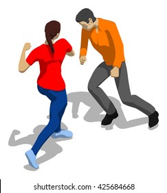 Fighting between man and woman. Young athletic woman defending herself. 3d flat isometric.