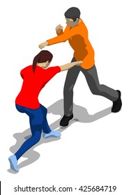 Fighting between man and woman. Young athletic woman defending herself. 3d flat isometric.