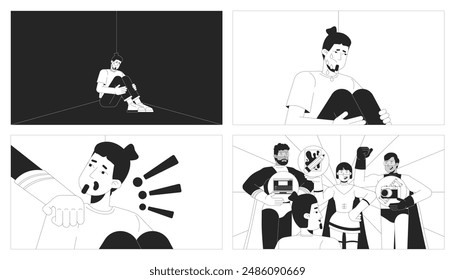 Fighting boredom black and white line illustration set. Superheroes helping caucasian man to find hobby 2D characters monochrome background. Creativity developing outline scene vector image collection