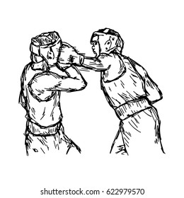 fighting boxers with boxing head guard - vector illustration sketch hand drawn with black lines, isolated on white background