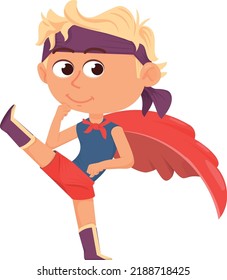 Fighting boy in red cape. Superhero kid power
