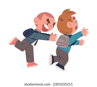 Fighting boys. Boy being bullied by his schoolmate. Mockery and bullying at school cartoon vector illustration