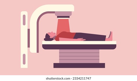 Fighting Breast Cancer, Determined Patient Woman Undergoing Radiation Therapy for Medical Treatment, flat vector illustration