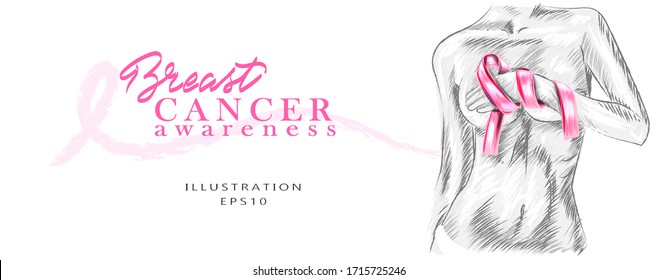 Fighting breast cancer. The figure of a girl drawn in pencil technique, with a pink ribbon. Breast cancer awareness calligraphy poster vector design. October is a month of cancer awareness.