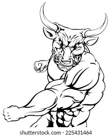 A fighting bull character sports mascot attacking with a punch