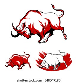 Fighting Bull Emblem set. Running Angry Bull in three variations. Isolated on white background.