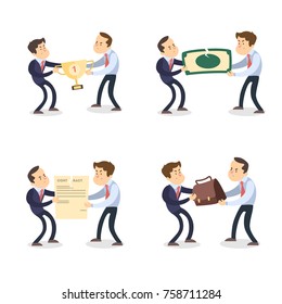 Fighting businessmen set. Men rulling money, prize and more.