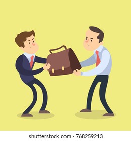 Fighting businessmen tearing portfolio apart for profit.