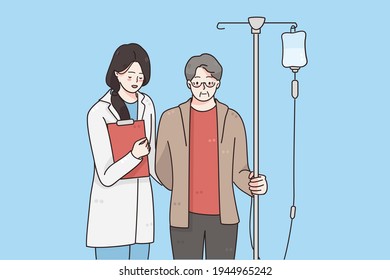 Fighting with cancer and healthcare concept. Elderly man with cancer during chemotherapy recovering from illness in hospital with nurse or doctor walking nearby vector illustration 