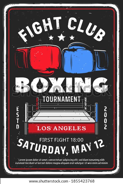 Fighting\
club event retro poster. Boxing tournament, martial arts fighters\
competition vintage promotion flyer or invitation leaflet design\
template. Boxing ring and fighters gloves\
vector