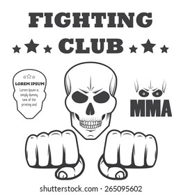 fighting club. mma. skull and fist. emblems, labels, badges, logos. vector illustration