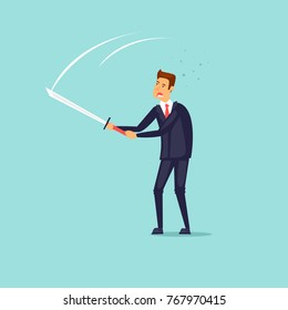Fighting, competition, businessman with a sword. Flat design vector illustration.
