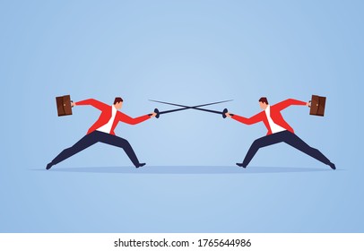 Lucha y competencia, dos hombres de negocios jugando al esgrima