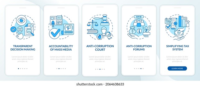Fighting corruption onboarding blue mobile app page screen. Accountability and trust walkthrough 5 steps graphic instructions with concepts. UI, UX, GUI vector template with linear color illustrations