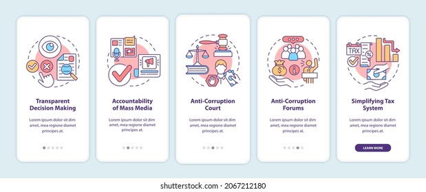 Fighting corruption onboarding mobile app page screen. Awareness and transparency walkthrough 5 steps graphic instructions with concepts. UI, UX, GUI vector template with linear color illustrations
