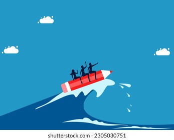 Fighting crises with creativity and leadership vision. Business team surfing sea waves with pencils.