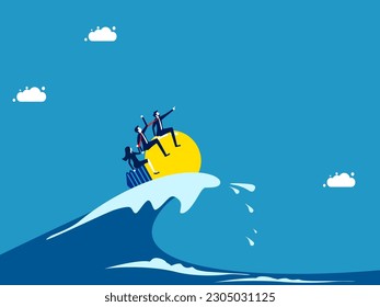 Fighting crises with the innovation and vision of knowledgeable leaders. Business team surfing sea waves with light bulb