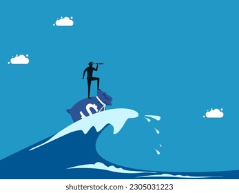 Fighting crises with money and vision. Visionary man surfing ocean waves with money bag