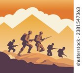 fighting in the desert, a group of troops are fighting in the desert to invade the enemy,