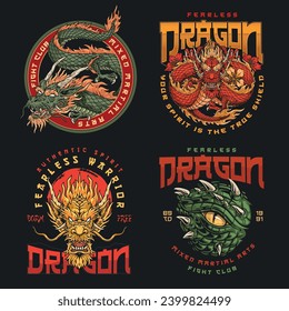 Fighting dragon colorful set stickers for mixed martial arts clubs with multi-colored oriental monsters from legends of China vector illustration