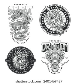 Fighting dragon monochrome set stickers with asian monster covered with scales for design mixed martial arts MMA club vector illustration