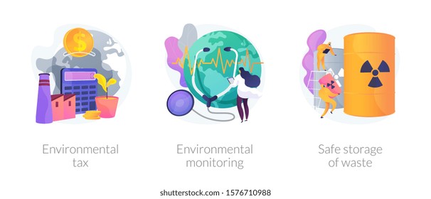 Fighting ecological problems icons set. Solution of ecological issues. Environmental tax, environmental monitoring, safe storage of waste metaphors. Vector isolated concept metaphor illustrations.
