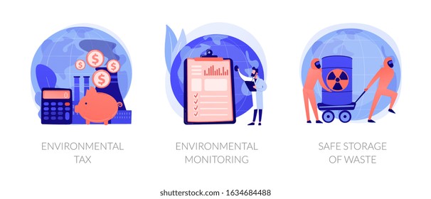 Fighting ecological problems icons set. Solution of ecological issues. Environmental tax, environmental monitoring, safe storage of waste metaphors. Vector isolated concept metaphor illustrations.
