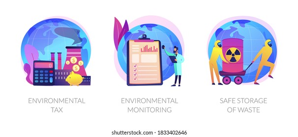 Fighting ecological problems icons set. Solution of ecological issues. Environmental tax, environmental monitoring, safe storage of waste metaphors. Vector isolated concept metaphor illustrations.