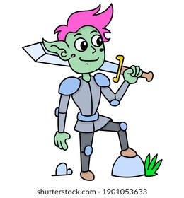 a fighting elf creature carrying a sword and wearing a robe, doodle draw kawaii. vector illustration art