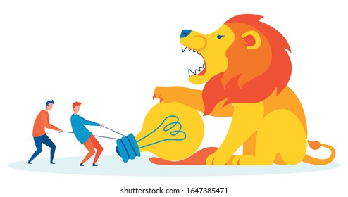 Luchar contra la ilustración de vectores planos de metáforas de miedo. Dos amigos sacando bombillas de personajes de dibujos animados de Lion Paws. Superar Dificultades Concepto. Innovación frente a valores tradicionales